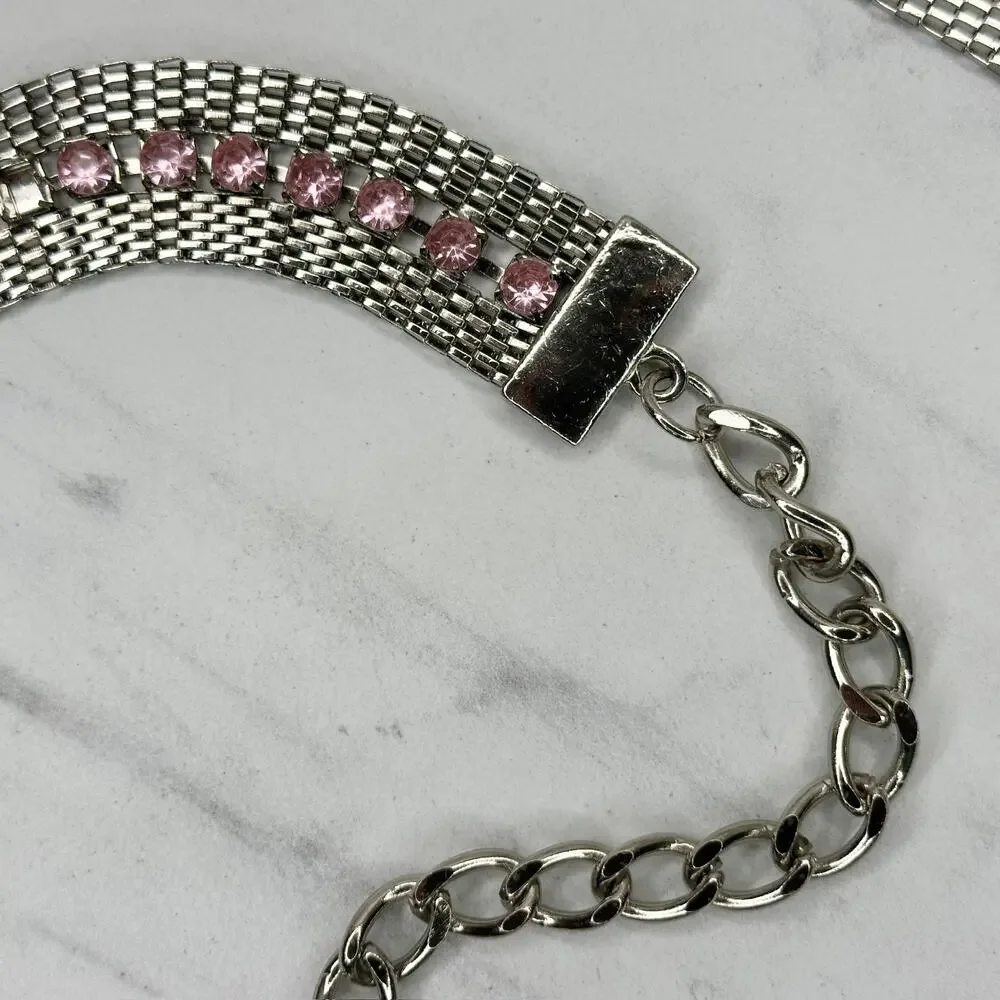 Pink Rhinestone Silver Tone Mesh Chain Belt Medium/Large (M/L) NWT w/ Defects ✨